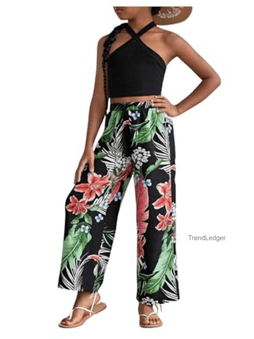 Girls 2 Piece Outfit Sleeveless Halter Crop Top & Wide Leg Pants Set Boho